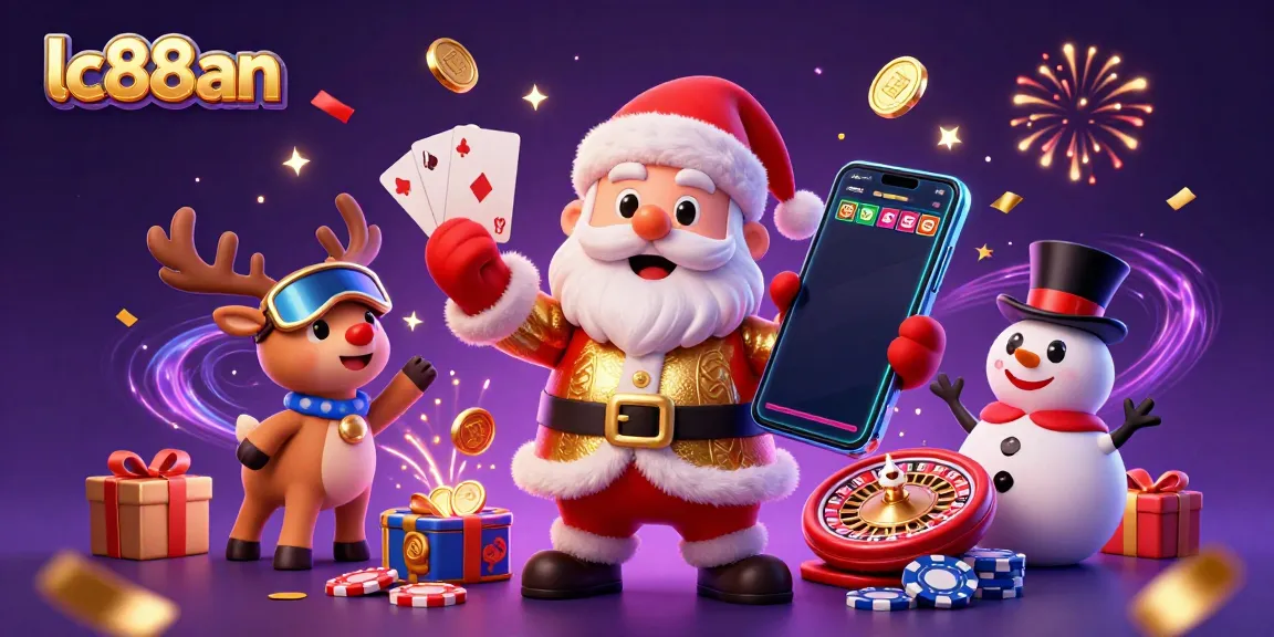 Spin the slots with lc88an in a festive casino scene featuring Santa, a reindeer dealer, and a poker chip snowman.