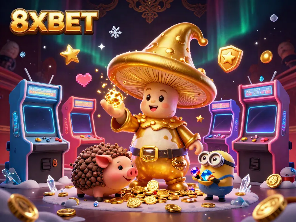 Engage in epic gaming adventures at 8XBET with golden mushroom wizard and treasure-filled scene.