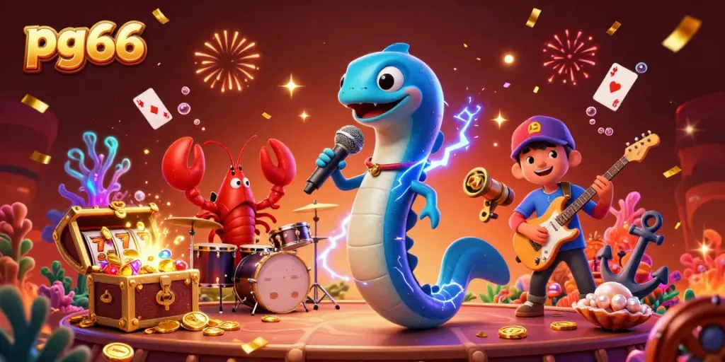 Engaging performance of pg66's electric eel DJ at an underwater casino with treasure and game symbols.