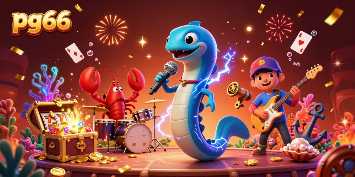 Engaging performance of pg66's electric eel DJ at an underwater casino with treasure and game symbols.