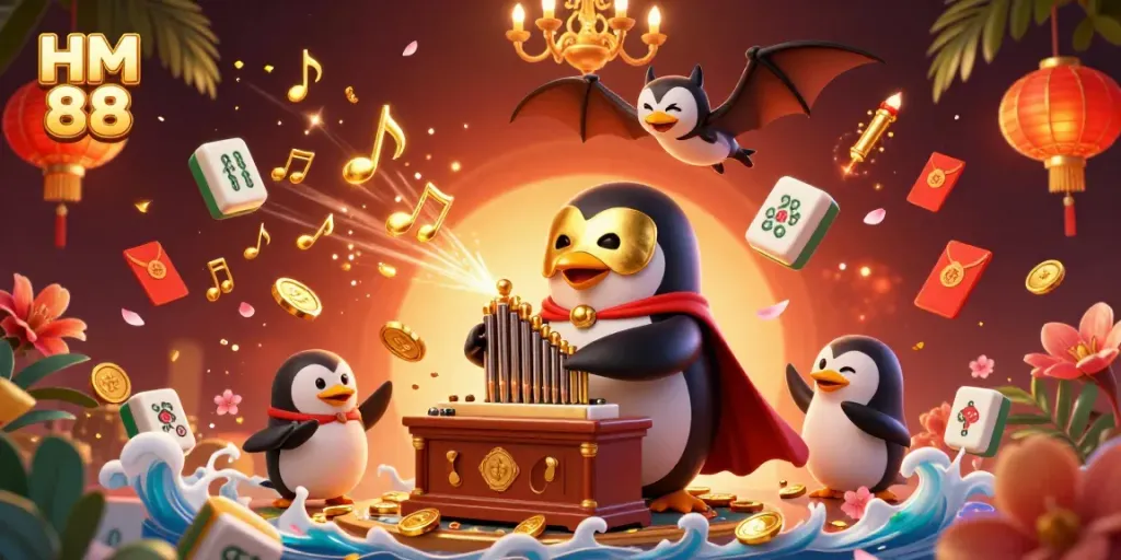 Experience the excitement of HM 88 with an engaging scene featuring a whimsical penguin performing at a virtual casino.