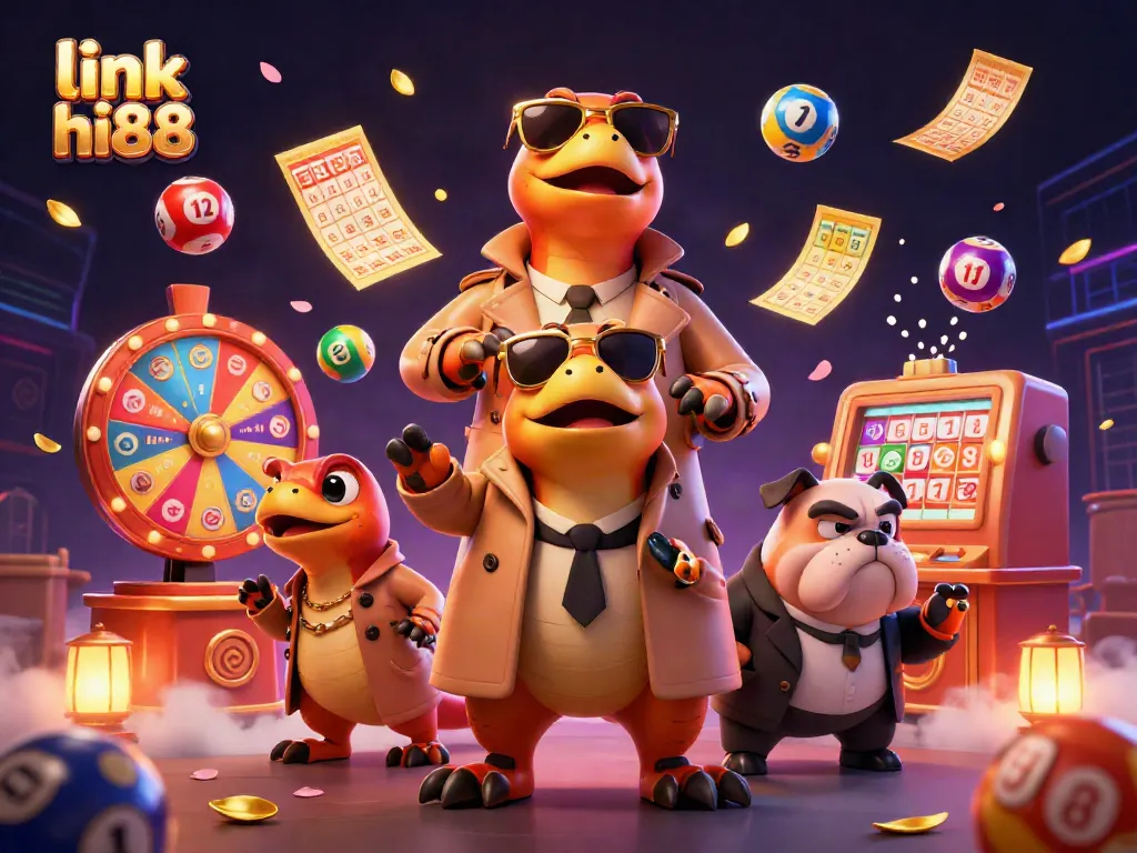 Engage with link hi88 in this playful casino scene with raptors and gaming elements.