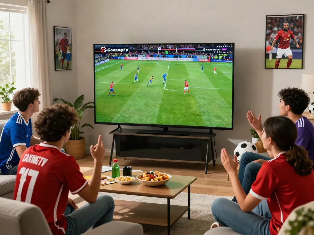 Group of friends excitedly watching GavangTV's live soccer match in a cozy living room.