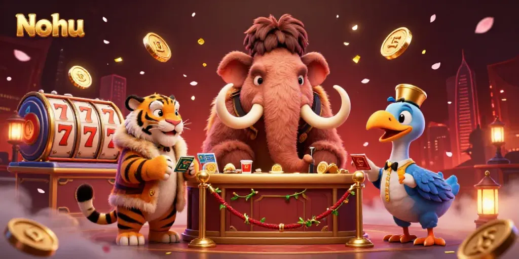 Play and win at the Nohu casino with vibrant animated elements and engaging characters.
