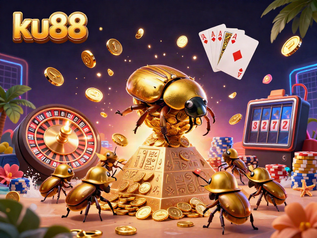 Experience the thrill of ku88 as a golden dung beetle rolls coins, showcasing vibrant casino elements.