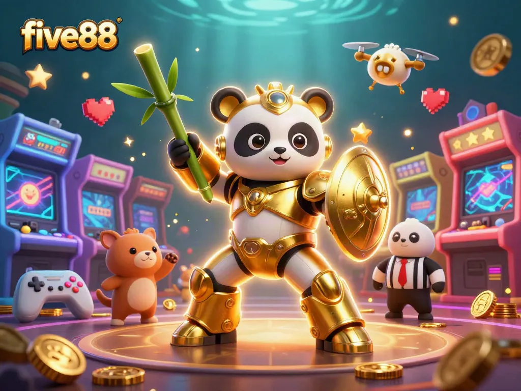 Experience the excitement of five88 with a dynamic 3D illustration of gaming and casino elements.
