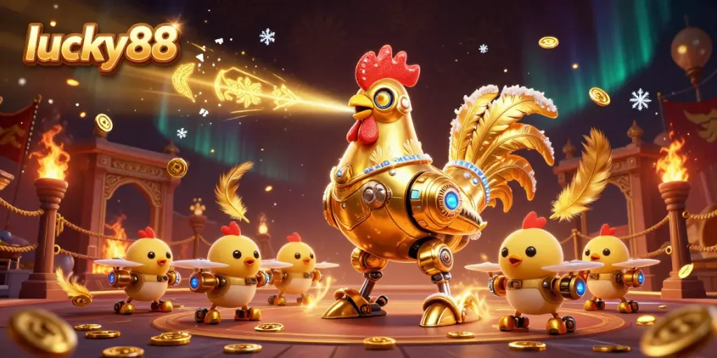 Experience thrilling wins with lucky88 in this vibrant casino illustration featuring a golden rooster robot.