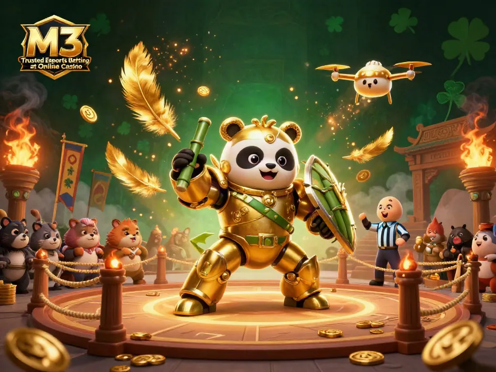 Experience trusted esports betting at M3 Online Casino with a dynamic 3D illustration of a mech-suit golden panda.