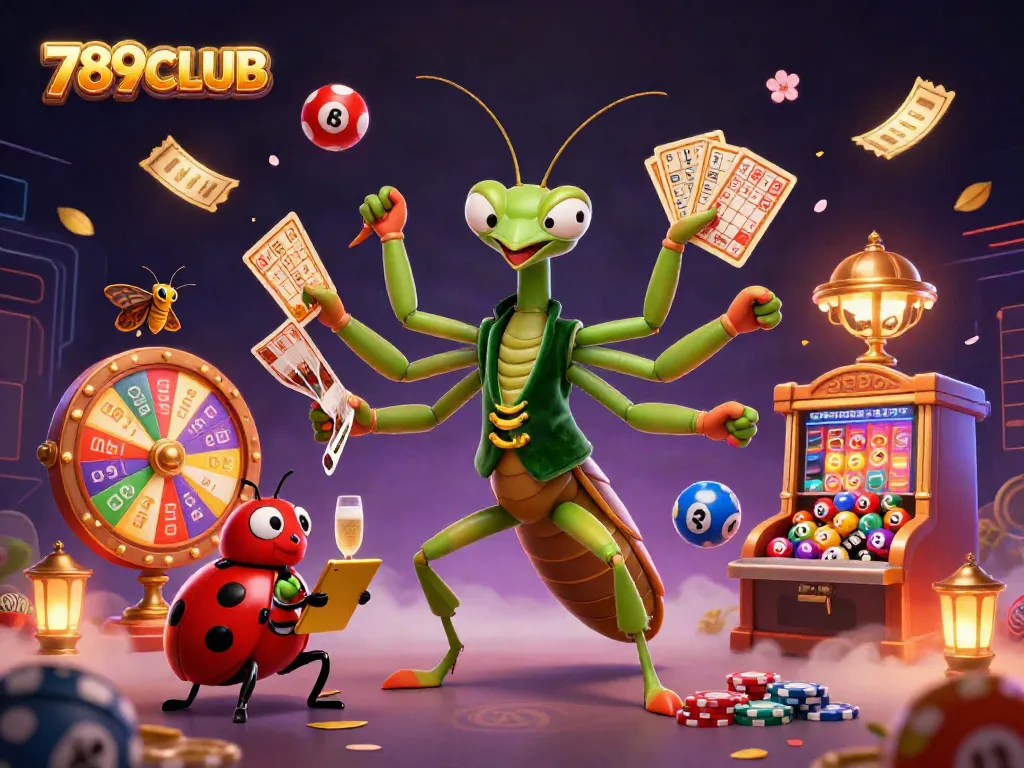 Experience the thrilling atmosphere of 789CLUB with a vibrant scene featuring a card sharp and pit boss amidst lottery elements.