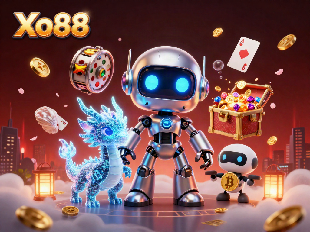 Engage in thrilling casino action with Xo88's vibrant 3D illustration featuring dynamic gaming elements.
