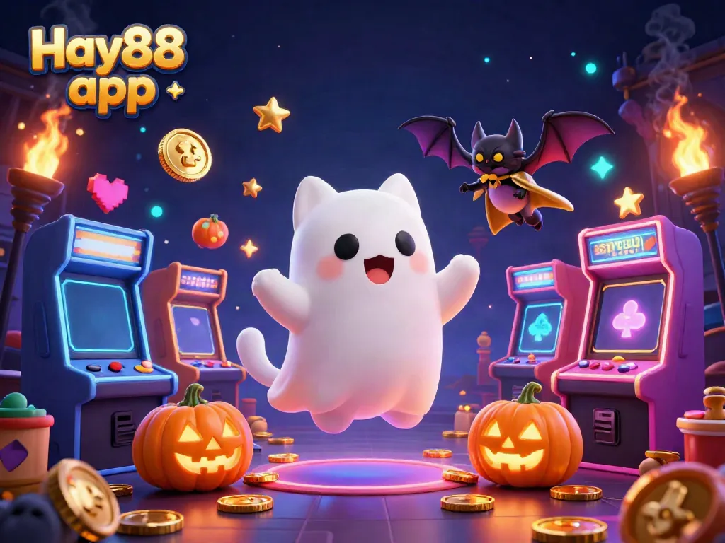 Engage with the Hay88 app in an adventurous haunted casino scene featuring ghostly characters and vibrant game elements.
