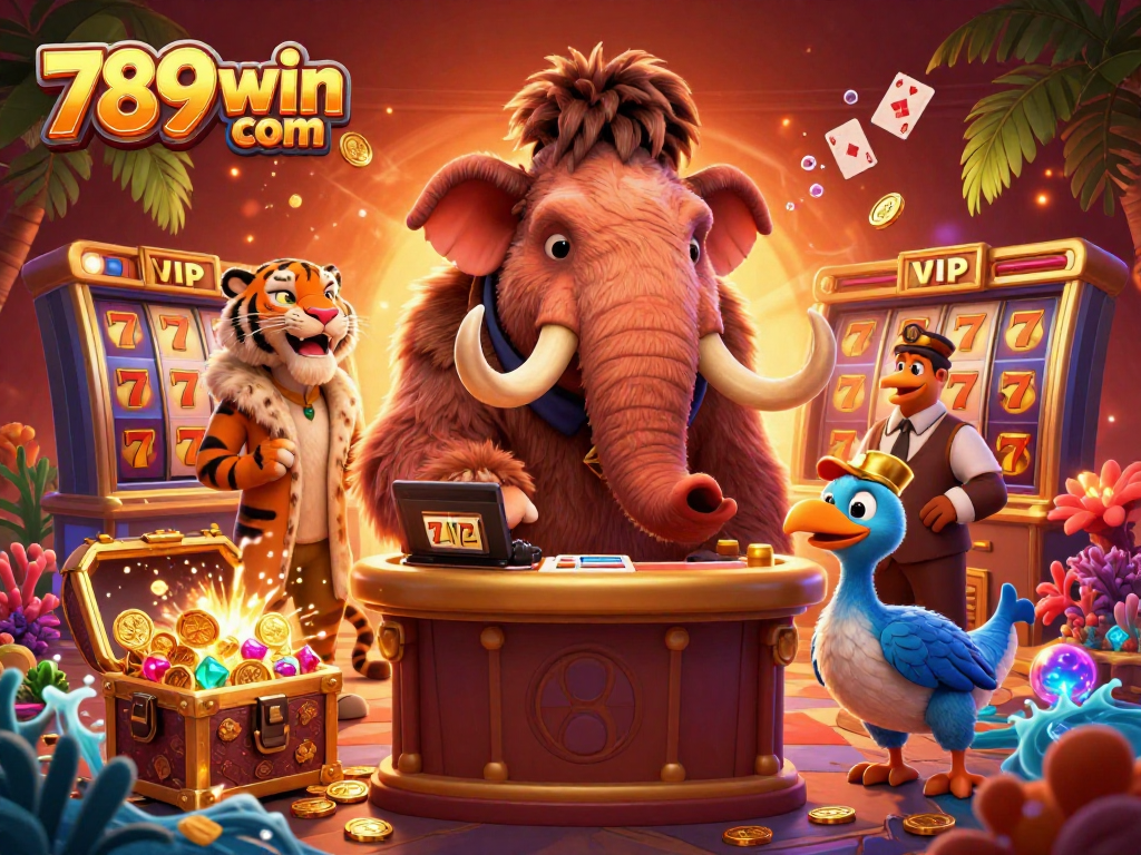 Experience the excitement of 789win com with lively 3D illustrated casino characters, slot machines, and treasure elements.