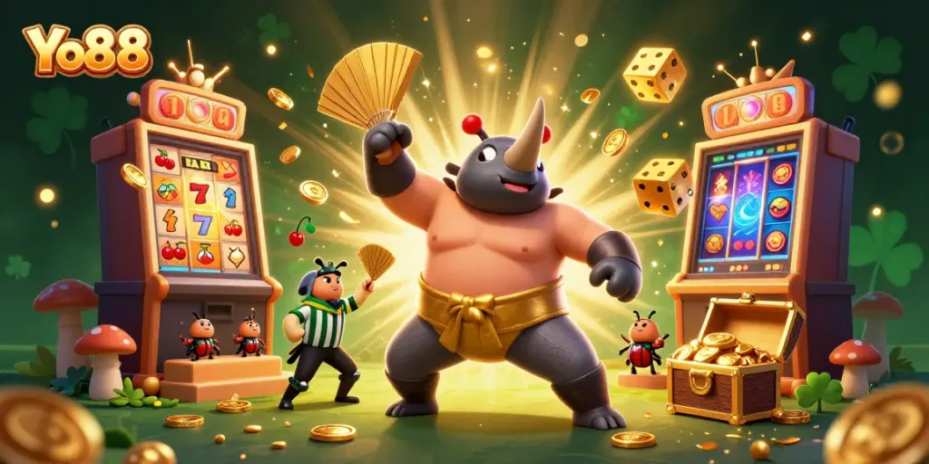 Catch thrilling wins at Yo88 with a sumo beetle stomping out golden coins amidst vibrant casino elements.