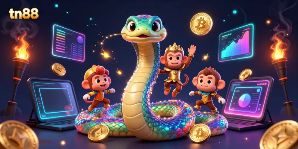 Experience tn88's colorful gaming realm with vibrant characters and glowing crypto elements.