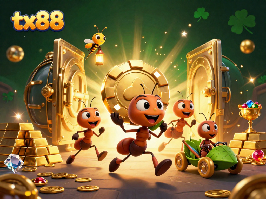 tx88 players celebrate as 3D ants carry a giant poker chip through a golden vault heist scene.