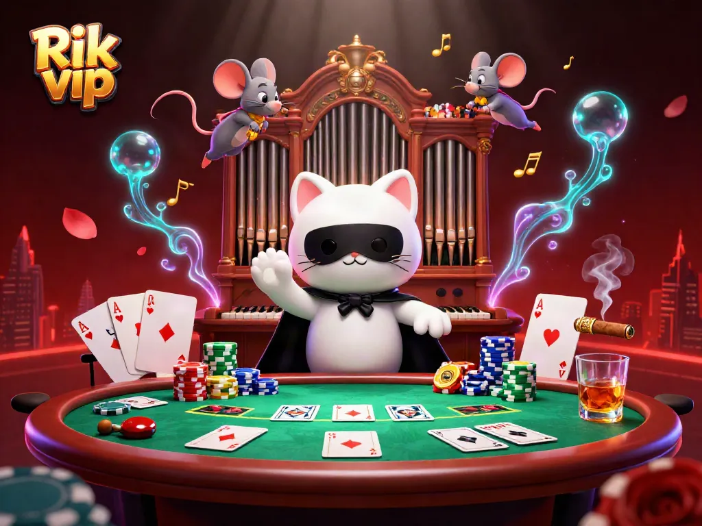 Experience the thrilling ambiance of Rik vip as a white cat plays organ among colorful poker elements.