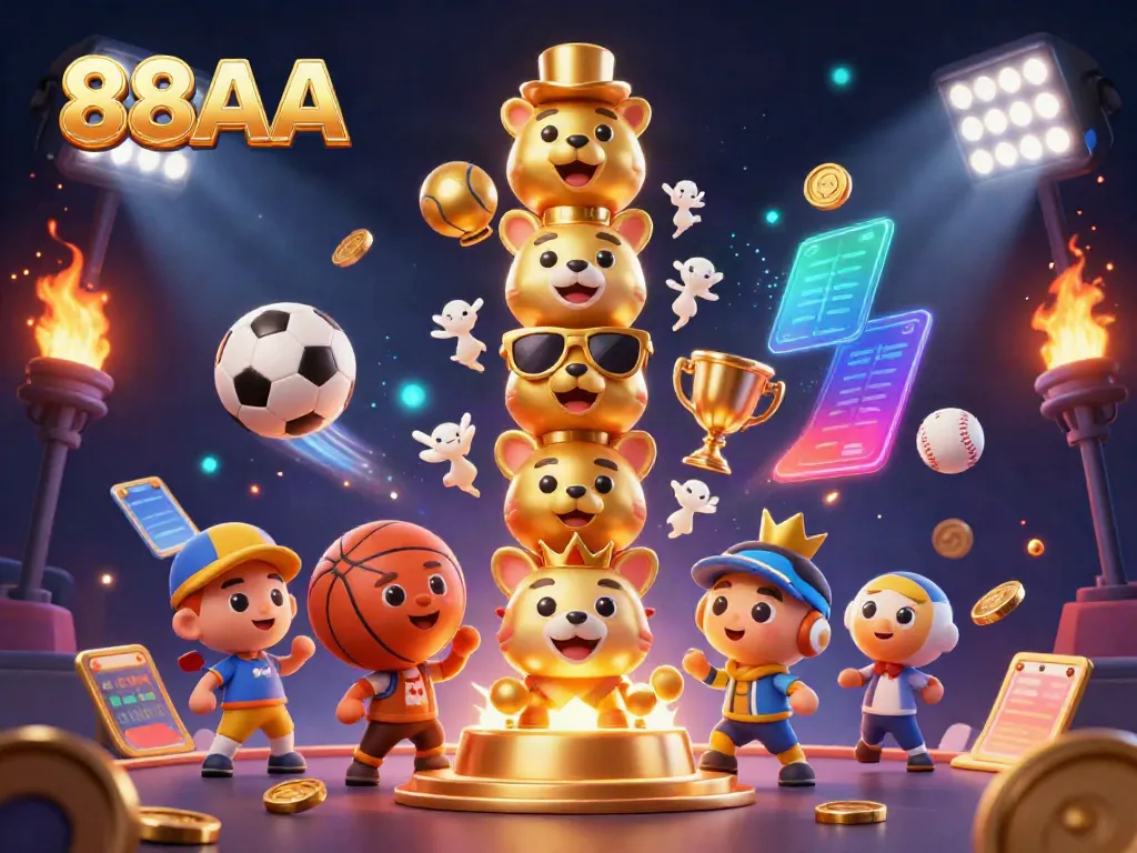 Engage with 88AA's thrilling casino games featuring a dynamic gold totem, sports elements, and vibrant visuals.