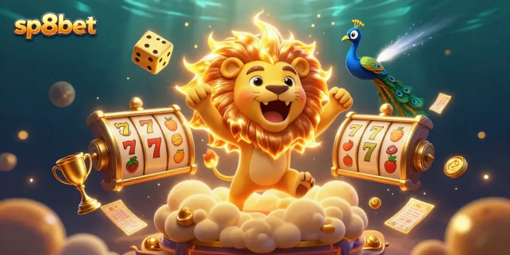 Experience thrilling gaming with sp8bet's rich 3D casino illustration filled with vibrant symbols and dynamic action.