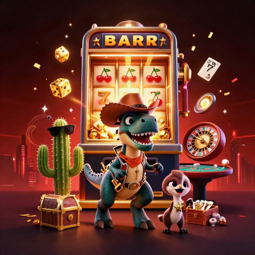 Cowboy T-Rex, cactus sidekick, and roadrunner amid casino loot and blazing jackpot effects.