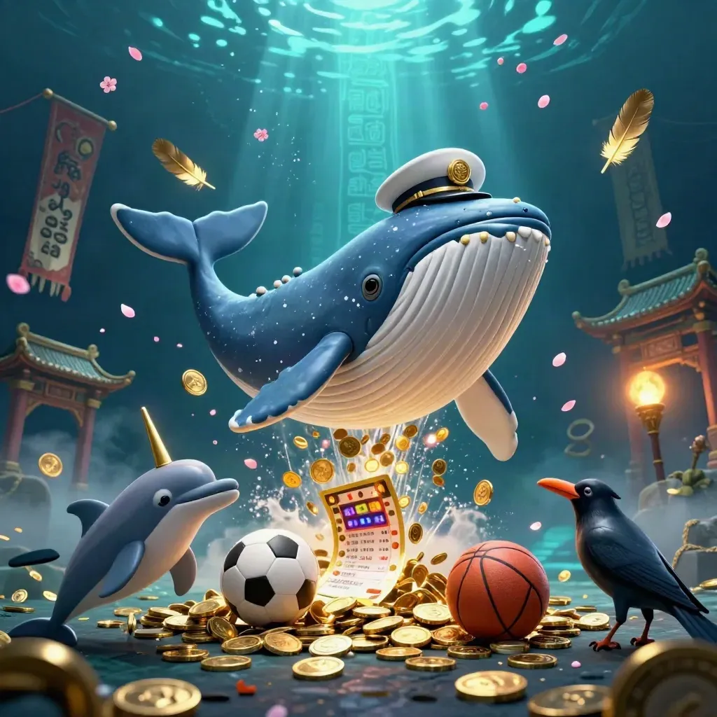 Captain whale, narwhal and dolphins erupt through coins in a teal-gold underwater casino scene.