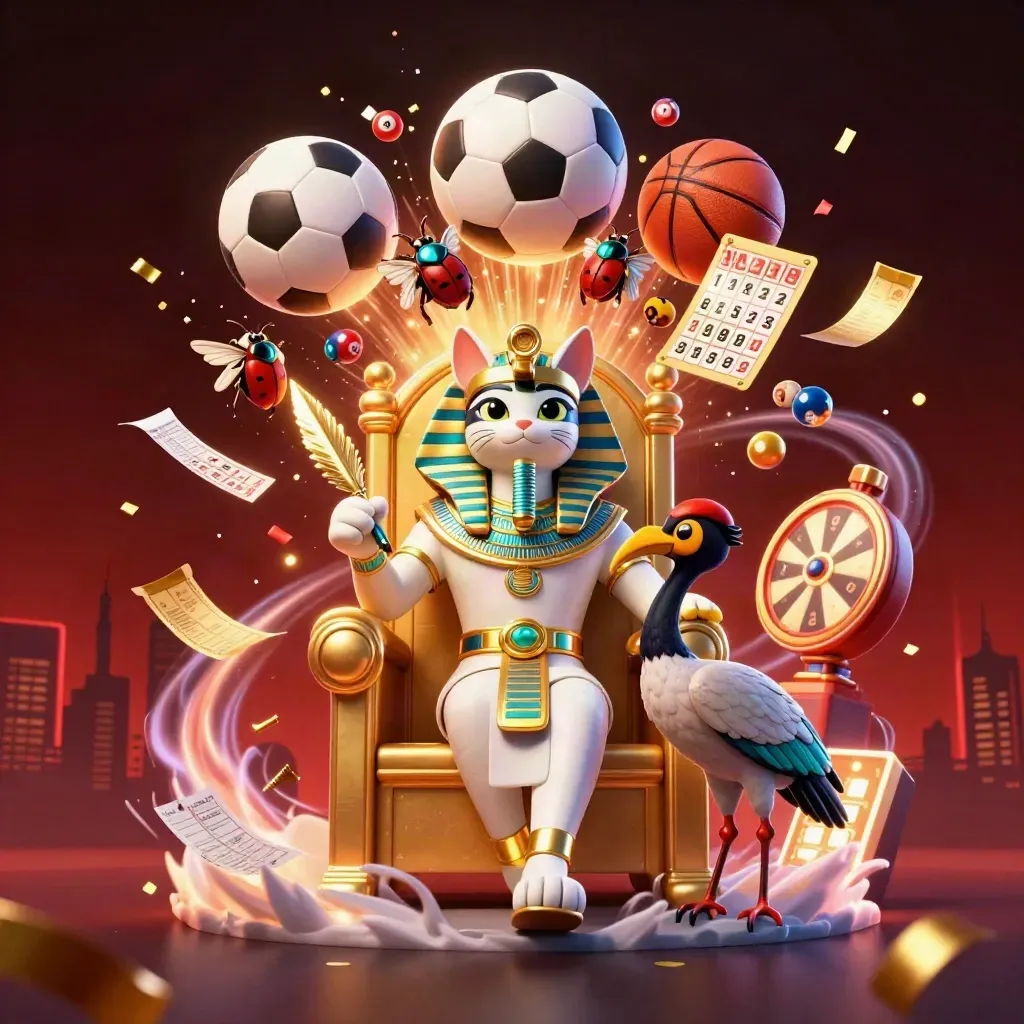 Pharaoh cat, ibis, and gem-wing scarabs amid casino balls, wheel, confetti, and sports props.