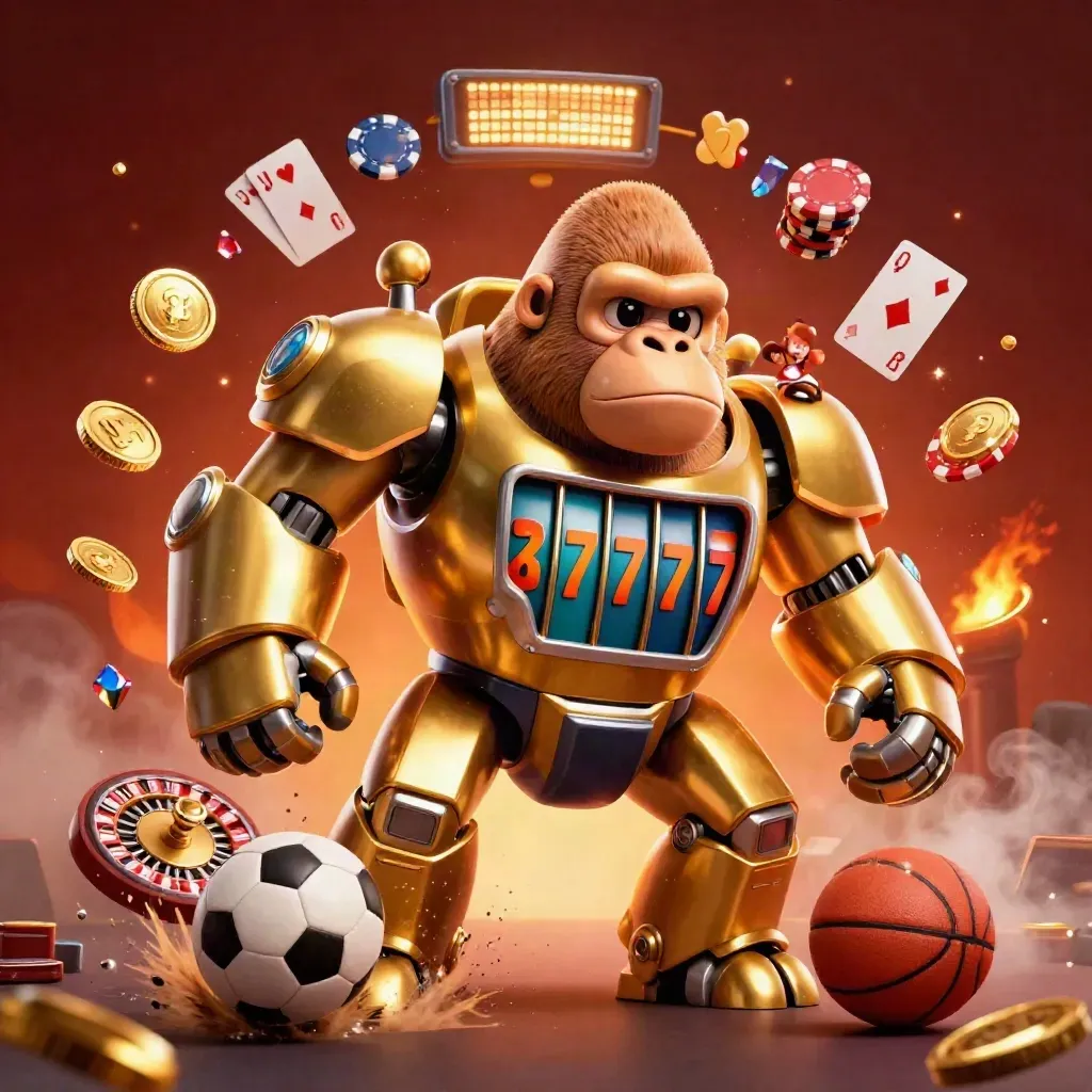 Golden gorilla mech with monkey pilot, soccer ball, basketball and casino effects in a fiery sports burst