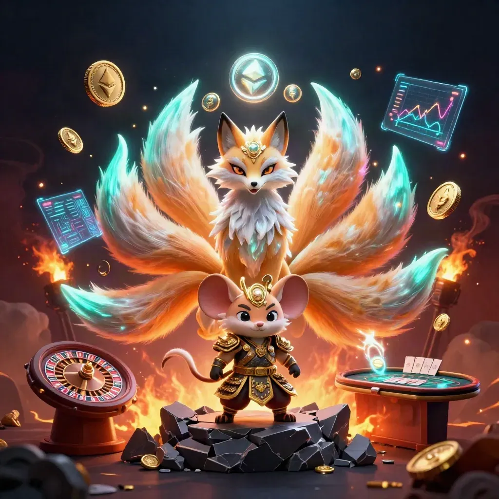 Nine-tailed fox spirit and armored mouse amid casino neon, coins, charts, lightning, and embers.