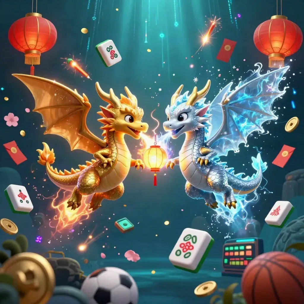 Gold and silver dragons spiral in fire-and-ice yin-yang amid casino charms and neon light.