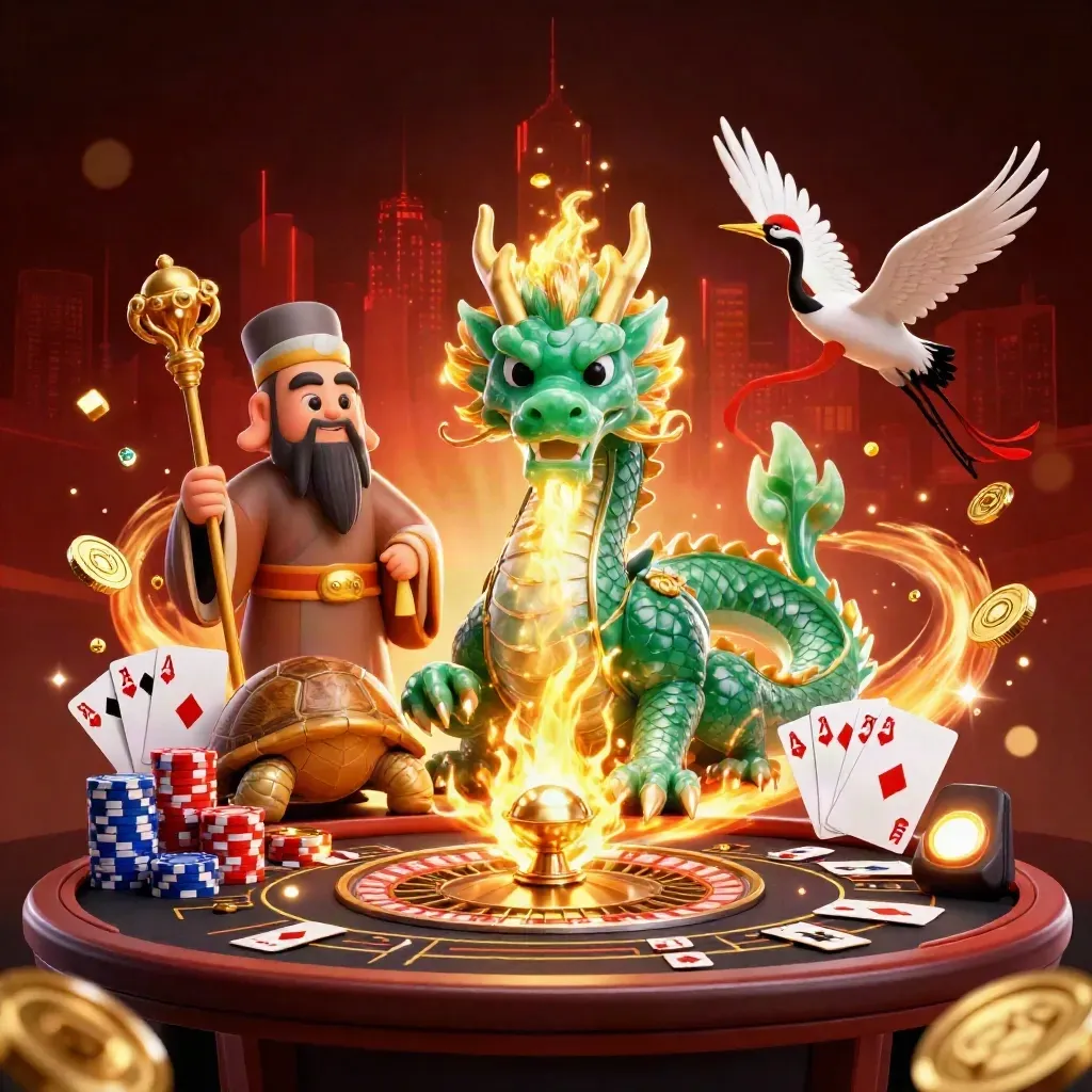 Jade dragon, turtle sage, and cranes amid casino coins, cards, chips, and glowing lights
