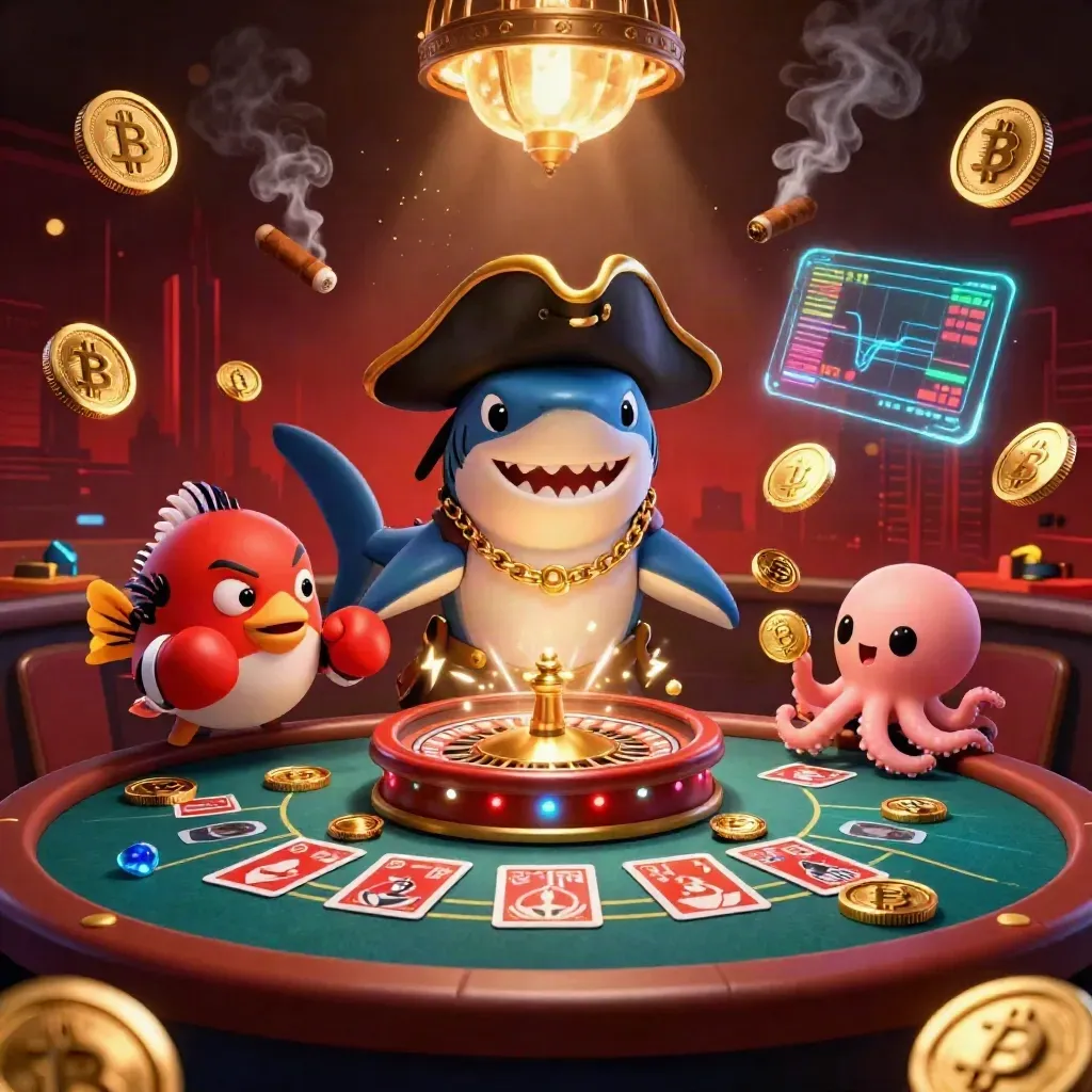 Pirate shark, boxing pufferfish, and juggling octopus in a luxe casino scene with neon coins and a spinning wheel.