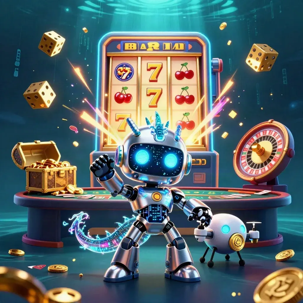 Cyberpunk robot, holographic dragon, and coin drone amid slot bursts, dice, gold, and neon casino lights.