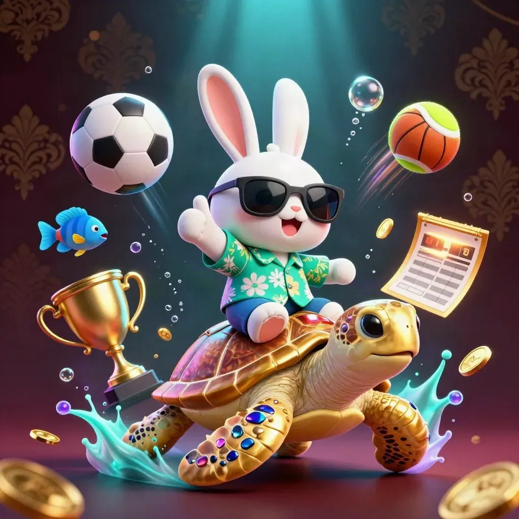 Lucky rabbit on a gold sea turtle amid flying sports balls, coins, bubbles, and casino glow.