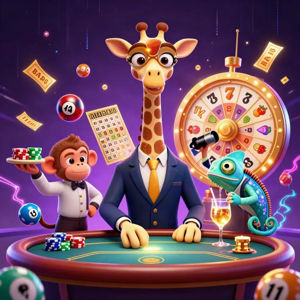 Giraffe, monkey and chameleon gambling heroes amid gold effects in a neon casino fantasy