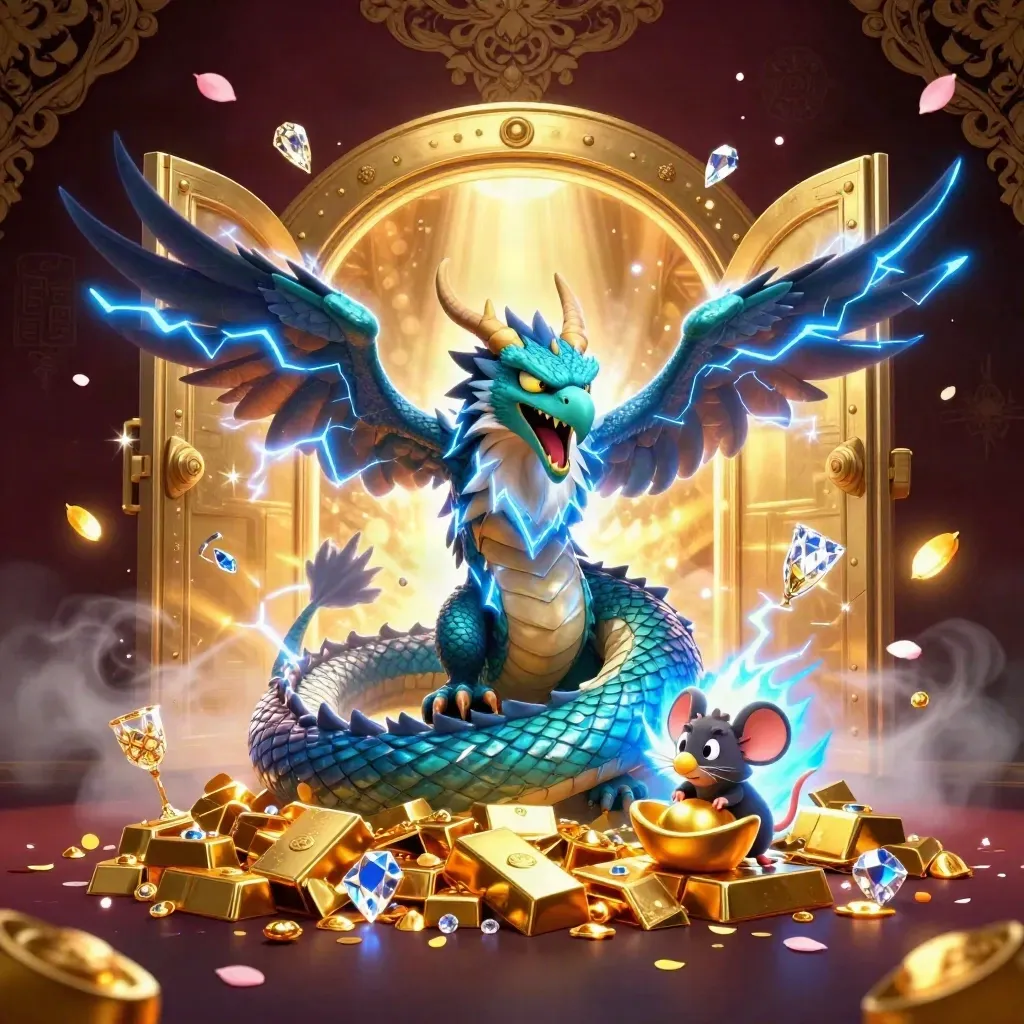 Thunder dragon, glowing hawk, and static mouse burst from a gold vault amid gems and lightning