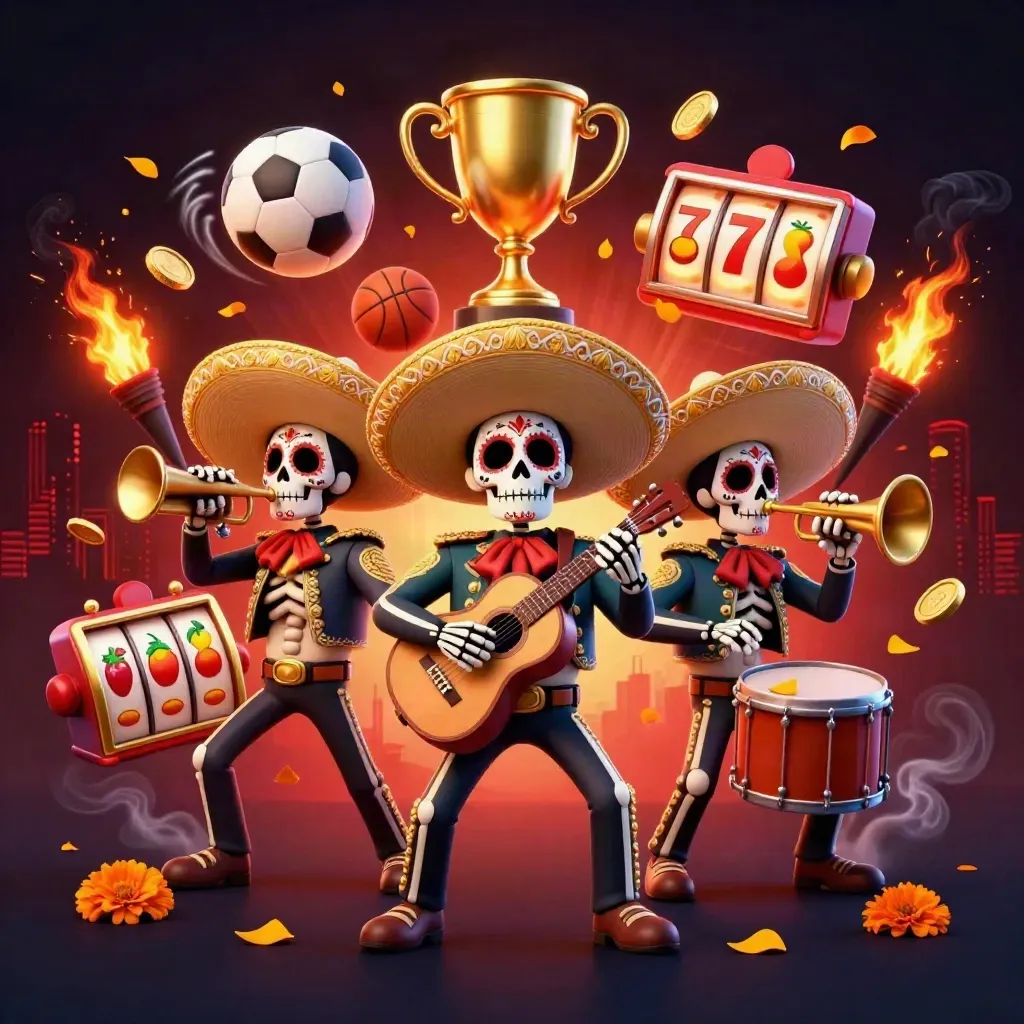 Skeleton mariachi trio amid sports balls, coins, trophy, slot icons, and fiery casino lighting.