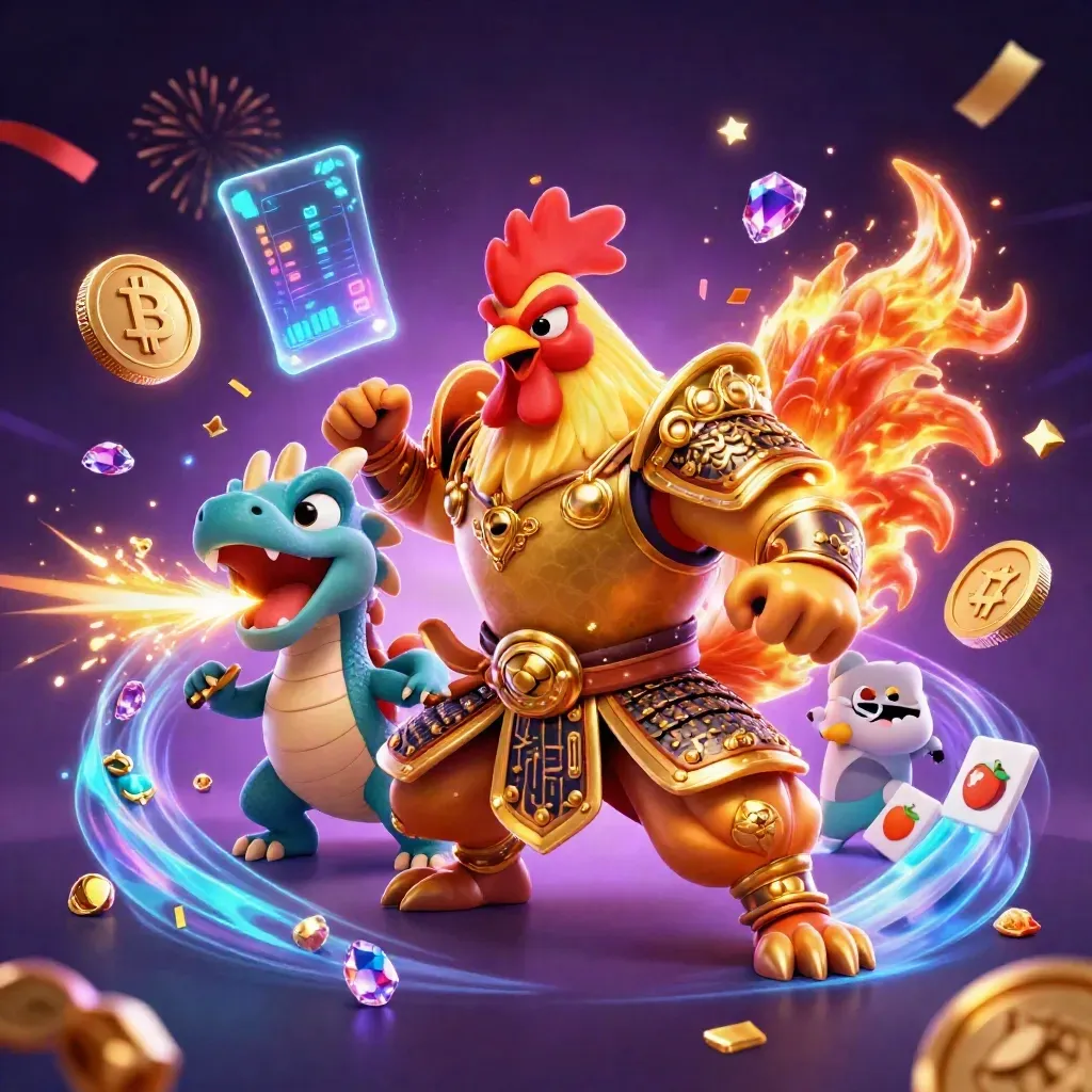 Rooster samurai, spark-breathing hatchling, and fortune-cat amid coins, lightning, and gold bursts.