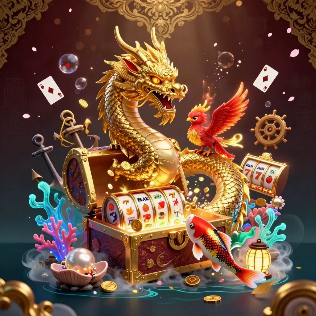 Golden dragon, phoenix, and koi erupt from treasure in a dark burgundy casino cove.