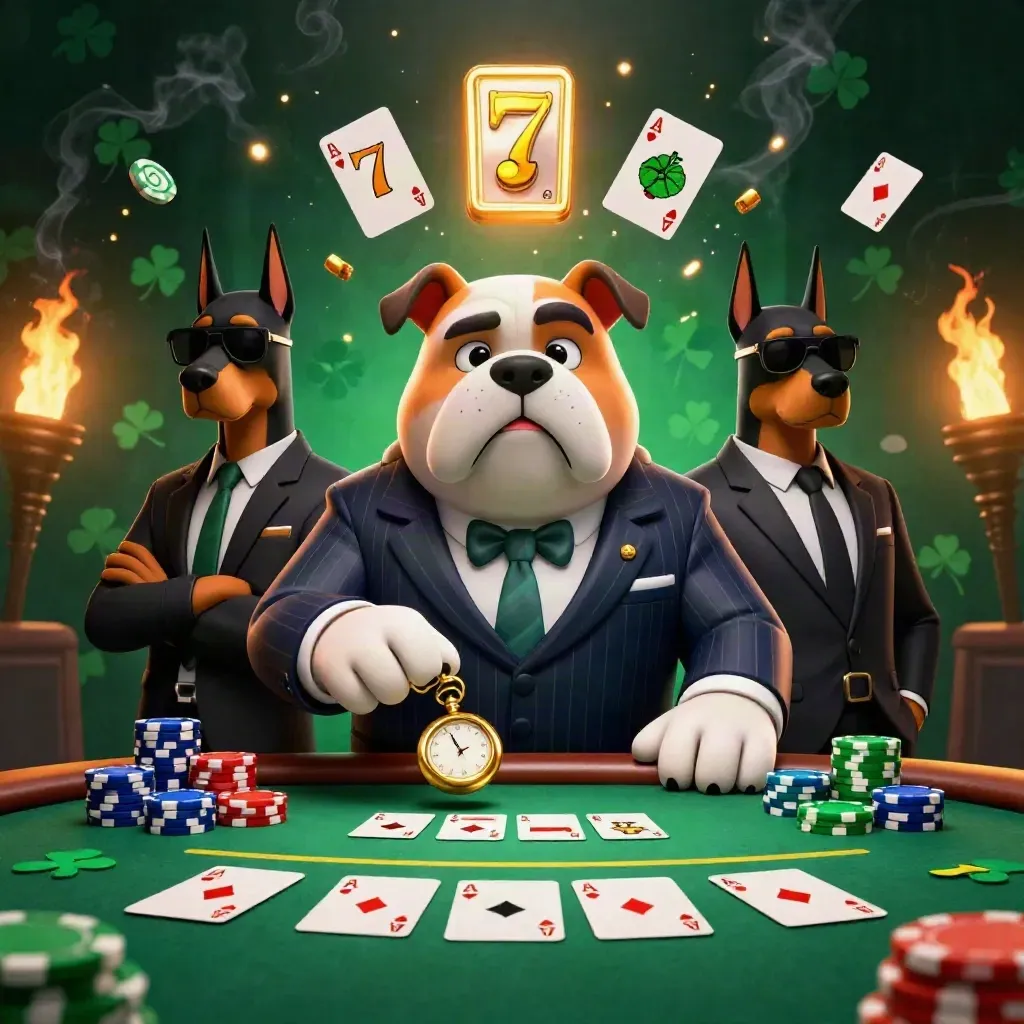 Bulldog mob boss and Dobermans at a neon casino poker table, chips, aces, fire and gold glow.