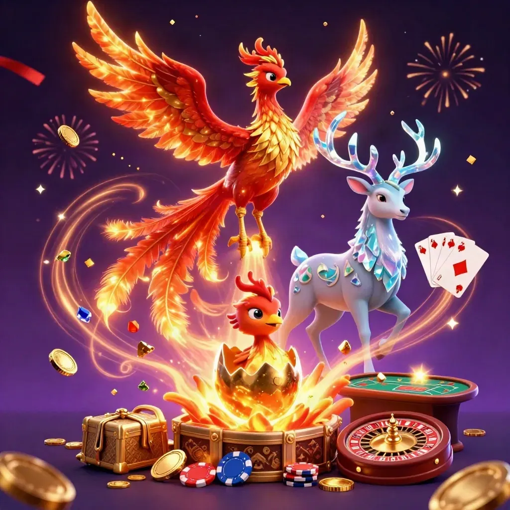 Phoenix, baby phoenix, and crystalline stag amid coins, cards, fireworks, and a spinning roulette wheel