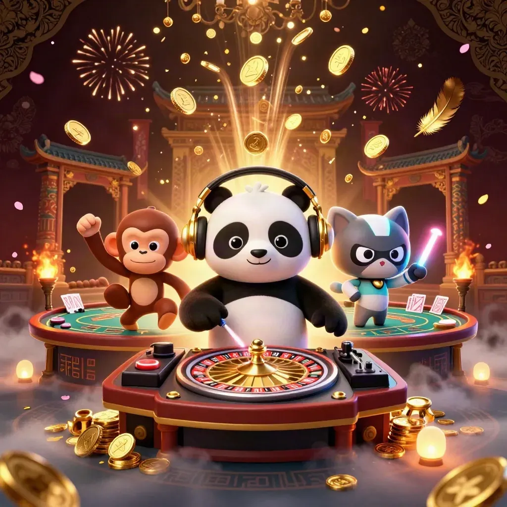 DJ panda, monkey, and glow-stick kitten amid a gold coin blast and fireworks.