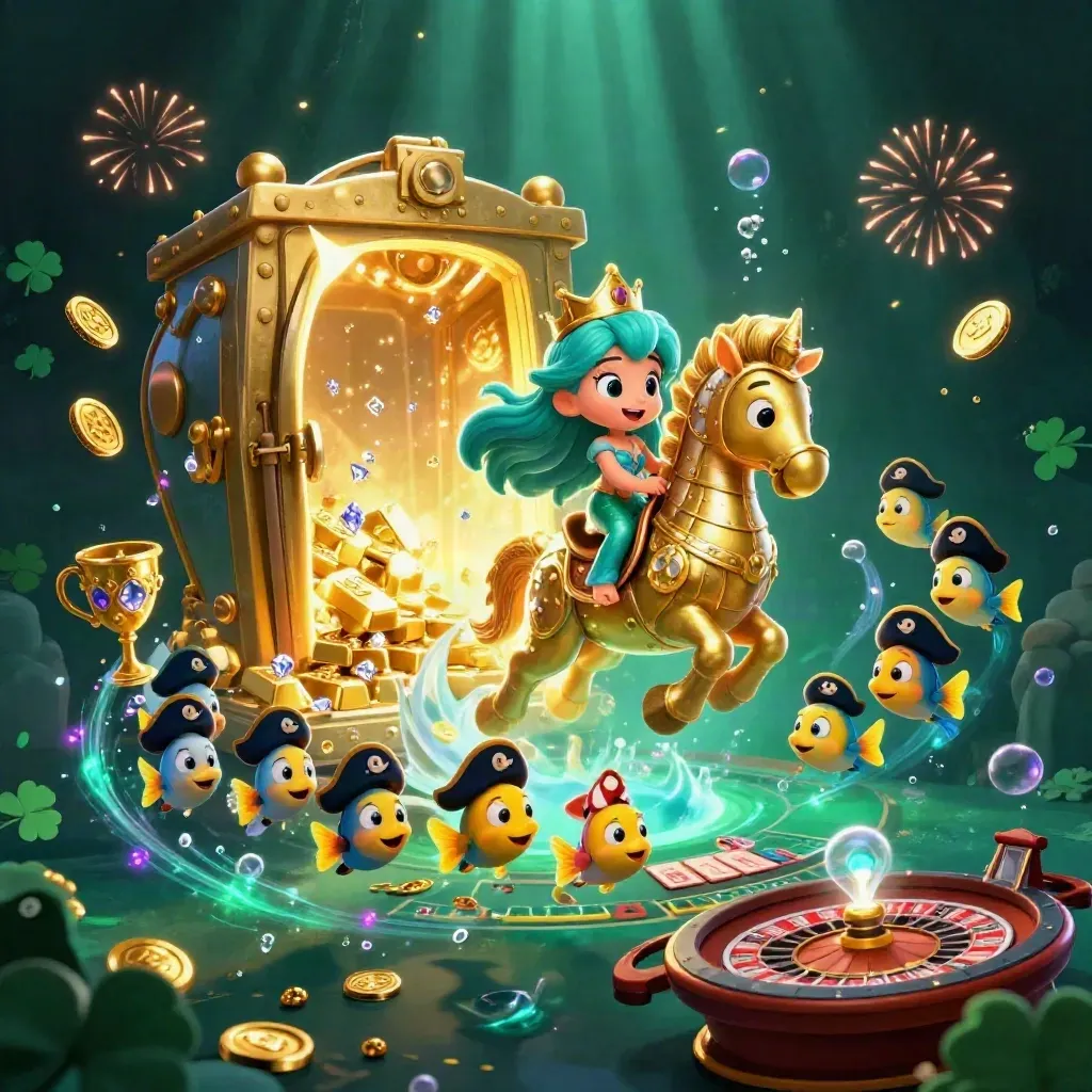 Mermaid princess on a golden seahorse amid bursting vault, coins, fireworks, and casino props.