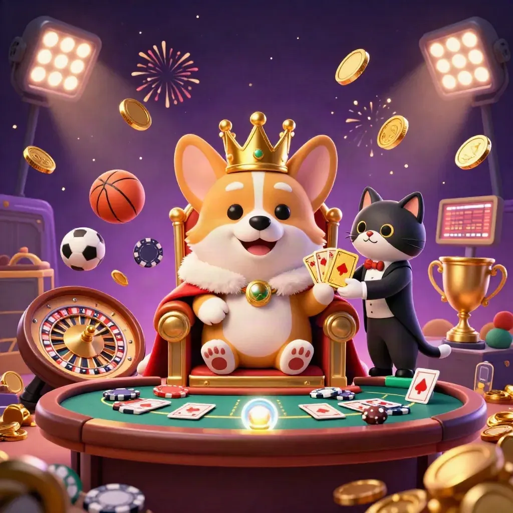 Crowned corgi king and cat butler amid coins, fireworks, sports balls, and casino lights.