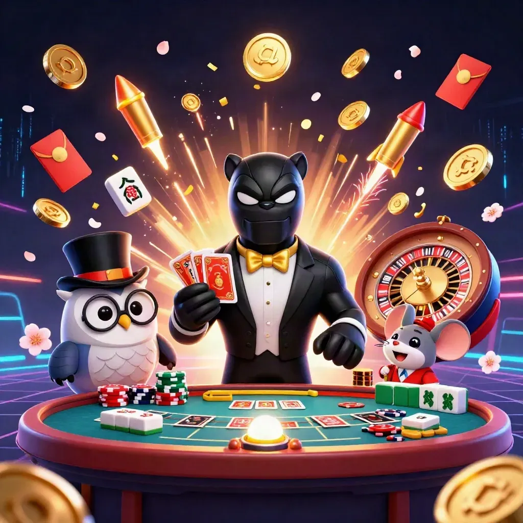 Panther, owl, and mouse celebrate amid coins, lanterns, fireworks, and neon casino energy.