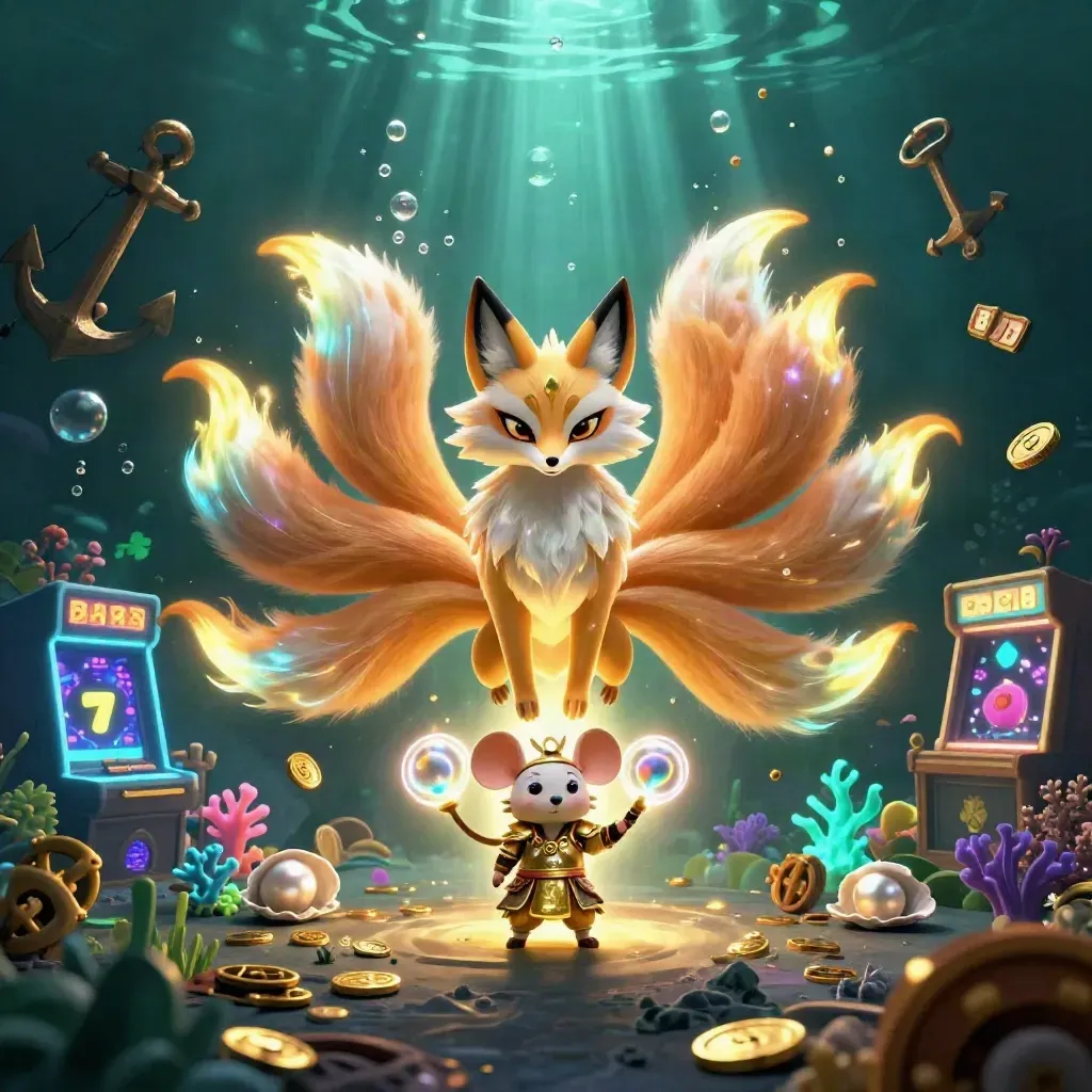 Nine-tailed fox spirit and samurai mouse amid gold coins, coral, and teal-purple casino glow