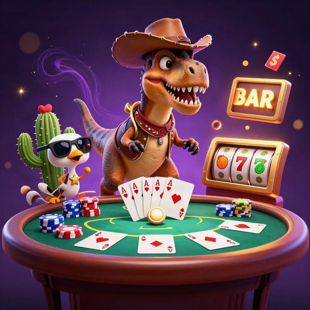 Cowboy T-Rex, cactus sidekick, and sheriff roadrunner over casino chips and cards in neon light