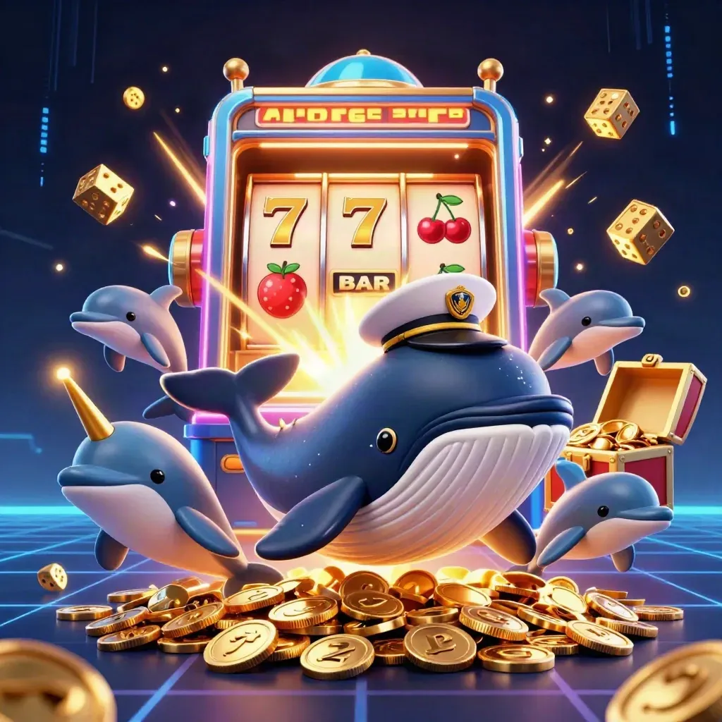 Whale captain, narwhal, dolphins, slot burst, coins, neon casino splash art.