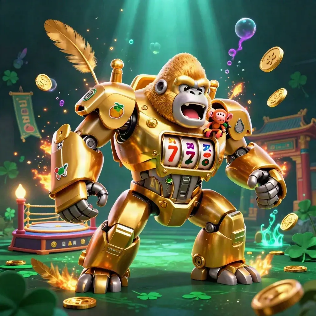 Golden gorilla mech with tiny monkey pilot, reels, coins, temple gate, and neon casino effects.