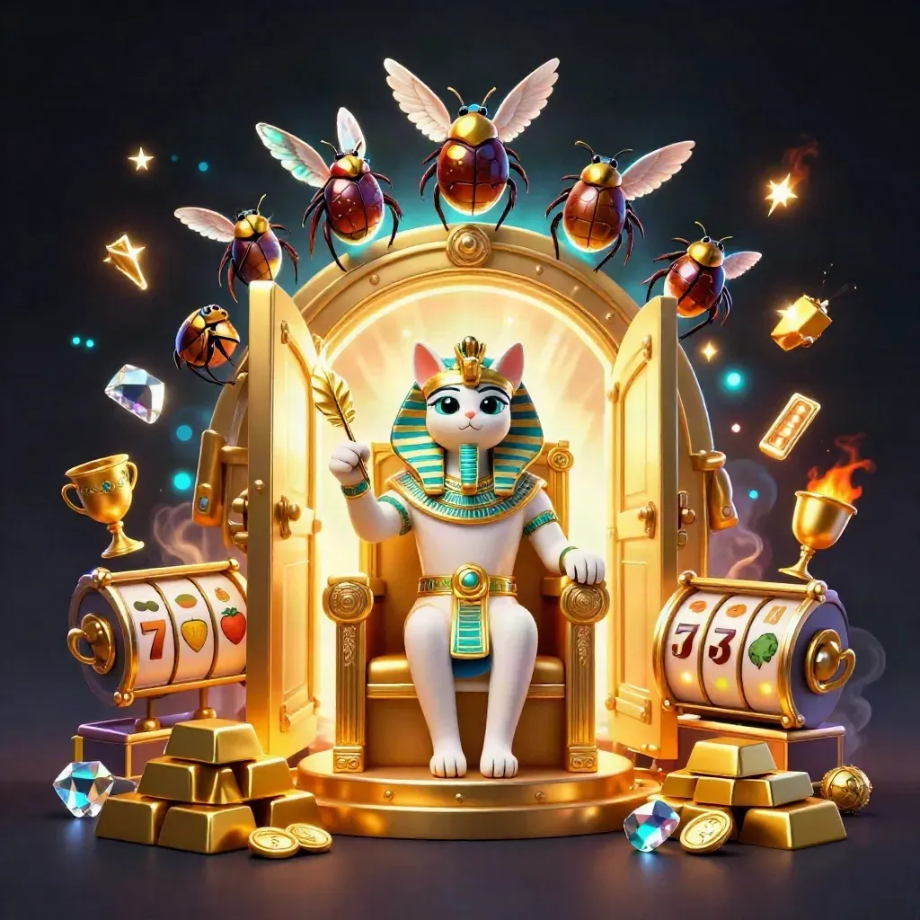 Pharaoh cat, ibis scribe, and gem-winged scarabs burst from a gold vault in a dark casino scene.