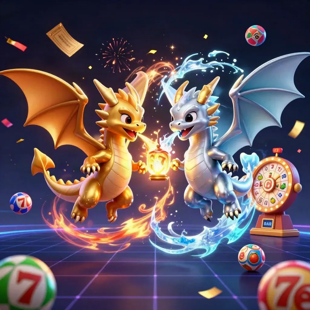 Twin gold and silver dragons with casino icons, fireworks, and neon grid.