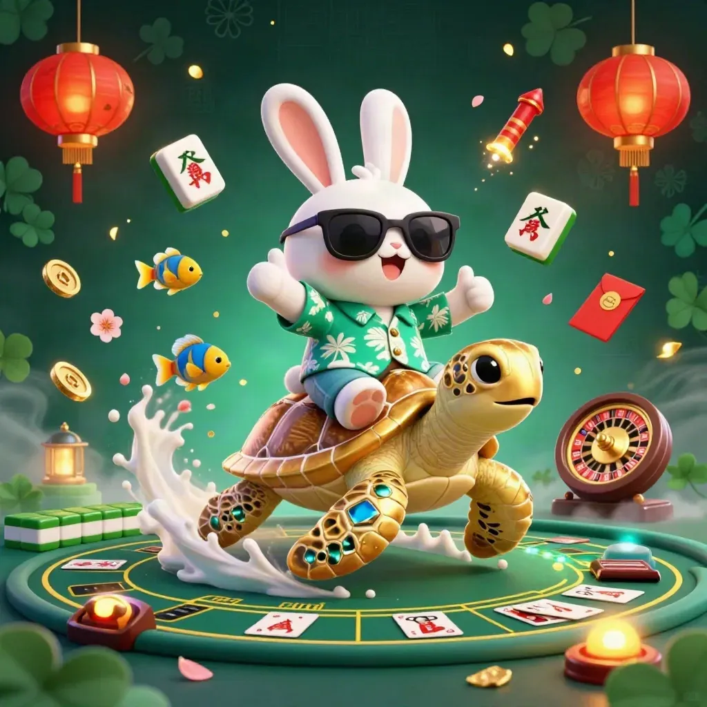 Rabbit on golden turtle with casino symbols, lanterns, coins, and glowing emerald-gold background.